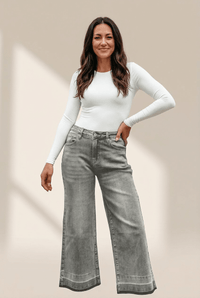 Women's High-Waist Gray Straight Leg Jeans with Distressed Raw Hem