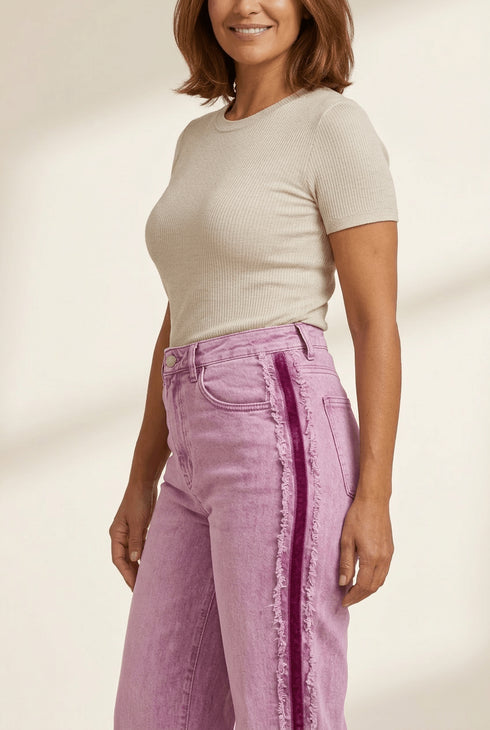Women's High-Waist Wide-Leg Orchid Denim with Frayed Side Stripes made for easy styling and wardrobe coordination, with premium-like structure and
