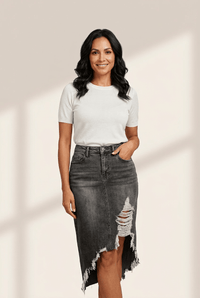 Women's High-Waisted Distressed Charcoal Denim Midi Skirt