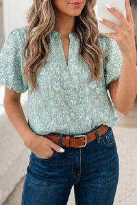 
Iceland Blue Floral Jacquard Puff Sleeve Blouse for Women - Elegant Textured Top Perfect for Any Occasion