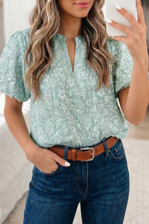 Iceland Blue Floral Jacquard Puff Sleeve Blouse for Women - Elegant Textured Top Perfect for Any Occasion