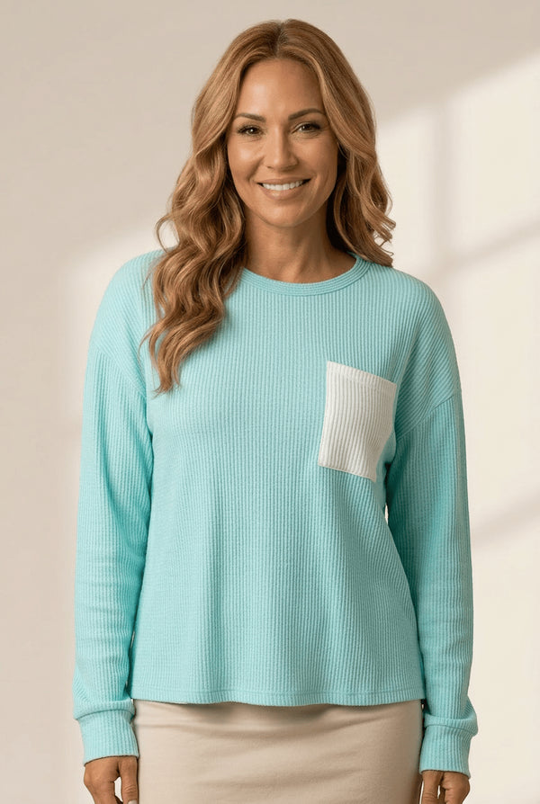 Women's Iceland Blue Ribbed Long Sleeve Top with Contrast Pocket