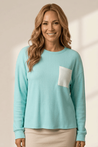 Women's Iceland Blue Ribbed Long Sleeve Top with Contrast Pocket