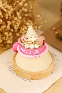 Pink WWJD Faith Prompt Mix Beading 5pcs Bracelet Set