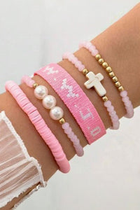 Women's Inspirational Pink Women's Beaded Bracelet Set - 5-Piece Casual Jewelry for Everyday Style and Positive Vibes