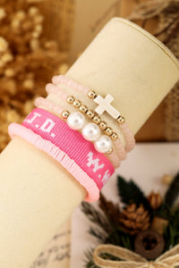Pink WWJD Faith Prompt Mix Beading 5pcs Bracelet Set