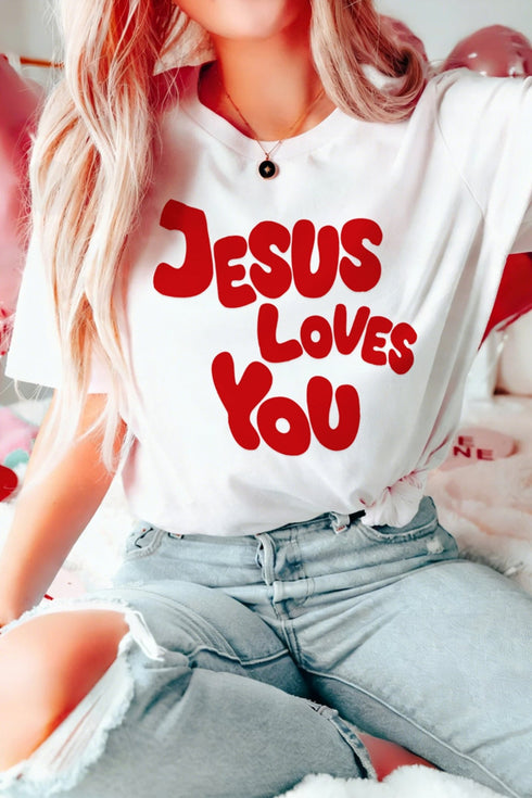 Women's Jesus Loves You Graphic Tee in Premium White Cotton-Blend