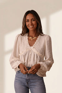 Women's Ivory Guipure Lace Patchwork Blouse with Flutter Frills