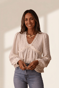 Women's Ivory Guipure Lace Patchwork Blouse with Flutter Frills