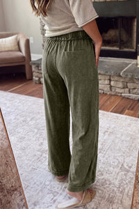 $13.86 Jungle Green Mineral Wash Seam Detail Flare Leg Drawstring Pants Wholesale