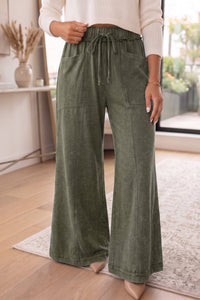 $13.86 Jungle Green Mineral Wash Seam Detail Flare Leg Drawstring Pants Wholesale