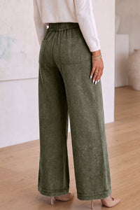 $13.86 Jungle Green Mineral Wash Seam Detail Flare Leg Drawstring Pants Wholesale