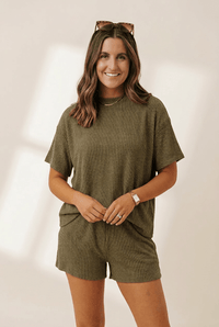 
Women's Jungle Green Ribbed Knit Short Sleeve Tee and Shorts Set