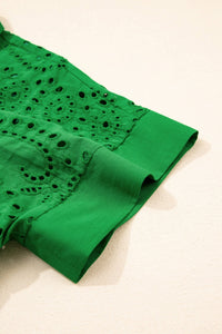 Green Solid Color Eyelet Embroidered T Shirt Mini Dress