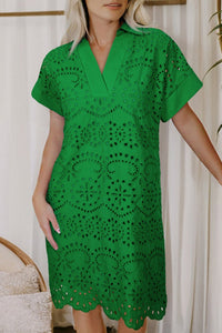 Green Solid Color Eyelet Embroidered T Shirt Mini Dress