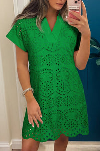 Women's Kelly Green 100% Cotton Eyelet Embroidered Shift Mini Dress