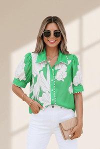 Women's Kelly Green Floral Ric-Rac Blouse with Short Puff Sleeves