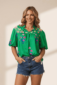 Women's Kelly Green Floral Split-Neck Blouse with Puff Sleeves