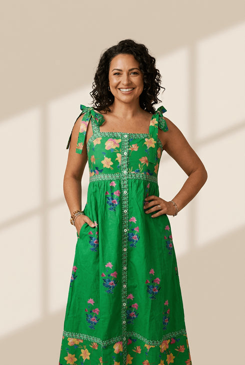 Women's Kelly Green Floral Tie-Shoulder Midi Dress with Button Detail