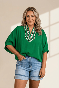 Women's Kelly Green Leopard Trim V-Neck Blouse with Dolman Sleeves