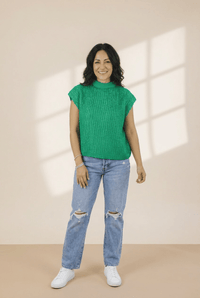 Women's Kelly Green Mock Neck Cap Sleeve Textured Knit Sweater