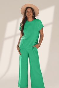 Women's Kelly Green Ribbed Knit Tee and Wide Leg Pant Set
