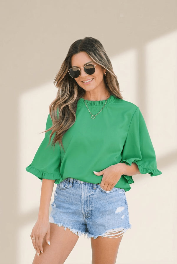 Women's Kelly Green Ruffle Neck Blouse with Flounce Sleeves