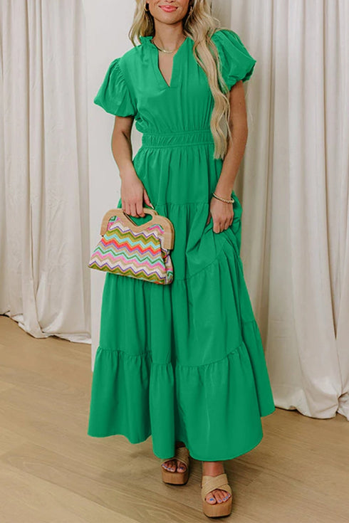 Women's Kelly Green Tiered Maxi Dress with Puff Sleeves made for easy styling and wardrobe coordination, with premium-like structure and finish.