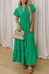Women's Kelly Green Tiered Maxi Dress with Puff Sleeves made for easy styling and wardrobe coordination, with premium-like structure and finish.