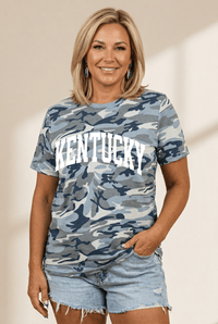 
Women's Kentucky Blue Camouflage Graphic Tee: Premium Soft Blend made for easy styling and wardrobe coordination, with premium-like structure and