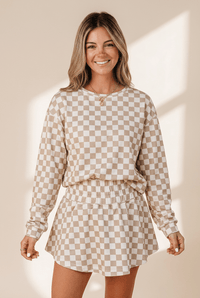 Women's Khaki Checkered Long-Sleeve Top and High-Waist Skort Set