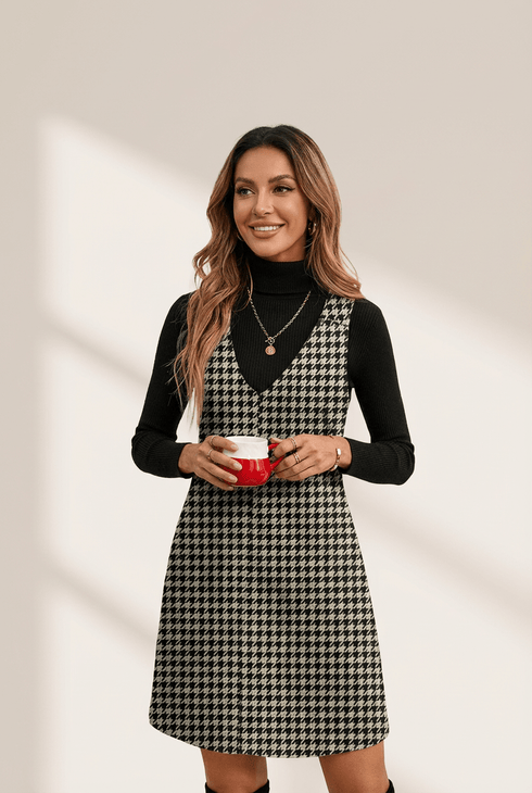 Khaki Houndstooth Print V Neck Sleeveless Mini Dress