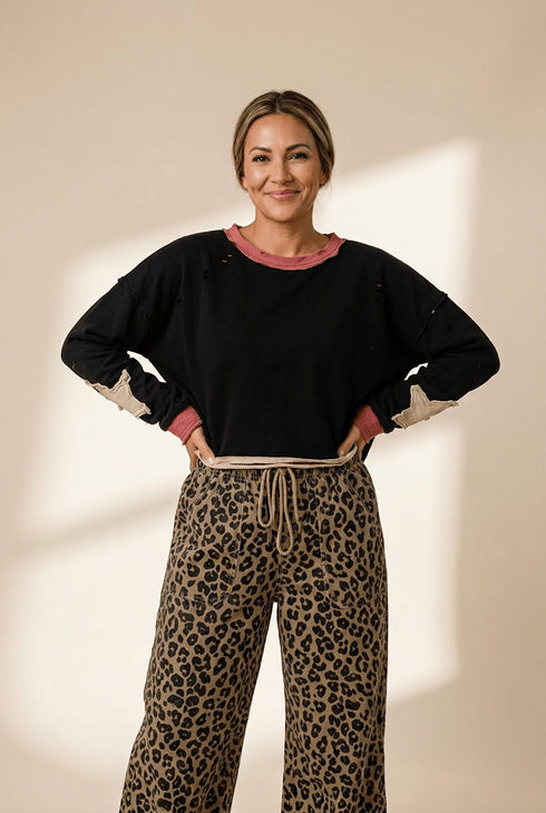 Women's Khaki Leopard Print Denim Pants: Loose-Fit Drawstring Style