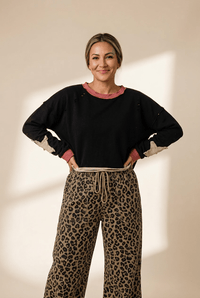 Women's Khaki Leopard Print Denim Pants: Loose-Fit Drawstring Style
