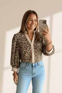 Women's Khaki Leopard Print V-Neck Blouse with Striped Trim
