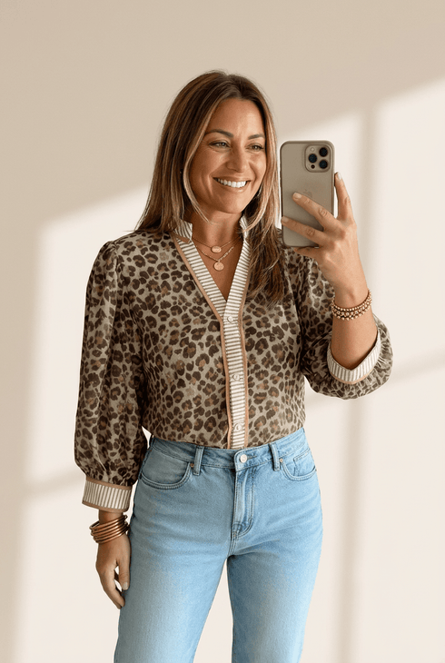 Women's Khaki Leopard Print V-Neck Blouse with Striped Trim
