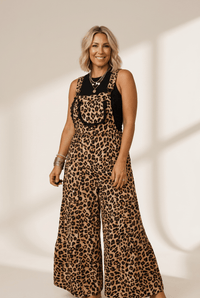 Women's Khaki Leopard Print Wide-Leg Overall Jumpsuit with Lace