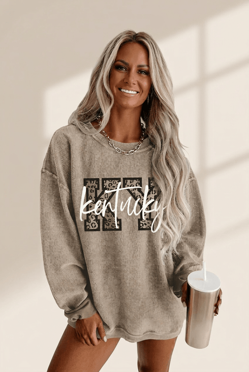 Women's Khaki Ribbed Kentucky Leopard Graphic Sweatshirt