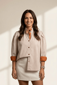 Women's Khaki Stripe Frilled Collar Button-Down Blouse