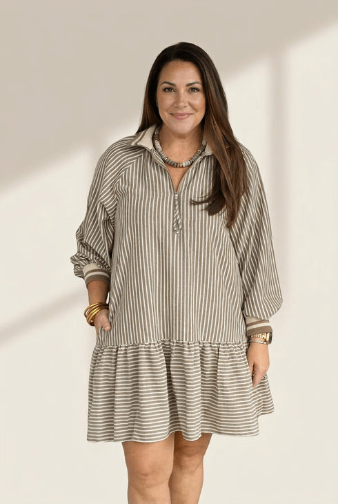 Women's Khaki Stripe Half-Zip Plus Size Mini Dress with Puff Sleeves
