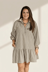 Women's Khaki Stripe Half-Zip Plus Size Mini Dress with Puff Sleeves
