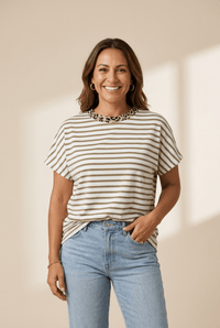 Women's Khaki Stripe Leopard Patchwork T-Shirt - Relaxed Cotton Blend