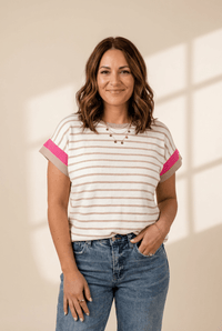 women's khaki striped color-block short sleeve knit top made for easy styling and wardrobe coordination, with premium-like structure and finish. with