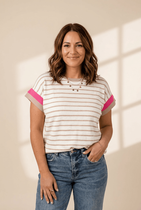 women's khaki striped color-block short sleeve knit top made for easy styling and wardrobe coordination, with premium-like structure and finish. with