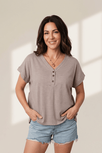 Women's Khaki Striped Cotton Blend V-Neck Henley Tee