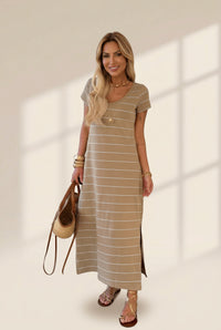 Women's Khaki Striped Cotton Maxi T-Shirt Dress with Side Slits