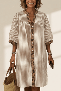 Women's Khaki Striped Shirt Dress with Leopard Print Trim