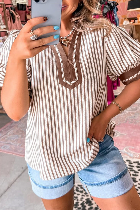 Women's Khaki Striped Split Neck Blouse with Bubble Sleeves
