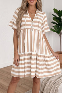Khaki Striped V-Neck Flared Summer Dress for Women with Ruffle Trim and Short Sleeves - Effortless Chic Style