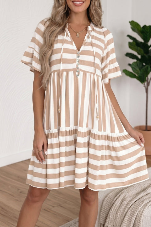 Khaki Striped V-Neck Flared Summer Dress for Women with Ruffle Trim and Short Sleeves - Effortless Chic Style